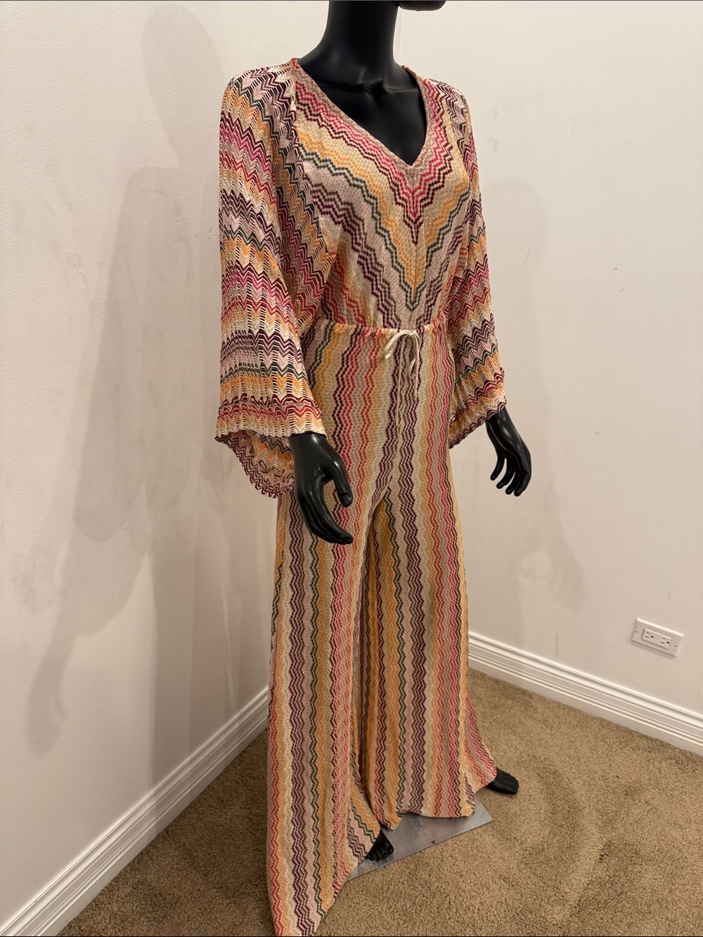 MISSONI Metallic Zigzag Knit Jumpsuit Palazzo Wide Leg Kimono Sleeves IT 40 New - Picture 4 of 15